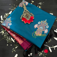 Turquoise with Maroon Pallu Soft Silk Saree-VS31