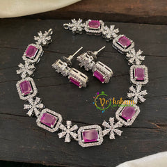 White Tone American Diamond Choker Short Neckpiece-Pink-G7027