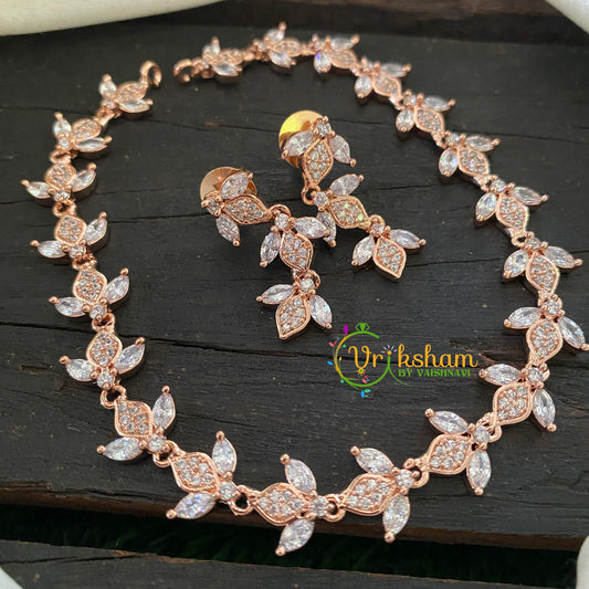 Rose Gold Tone American Diamond Choker Short Neckpiece-White-G7052