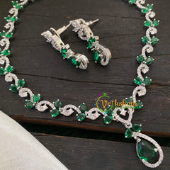 White Tone American Diamond Choker Short Neckpiece-Green-G7040