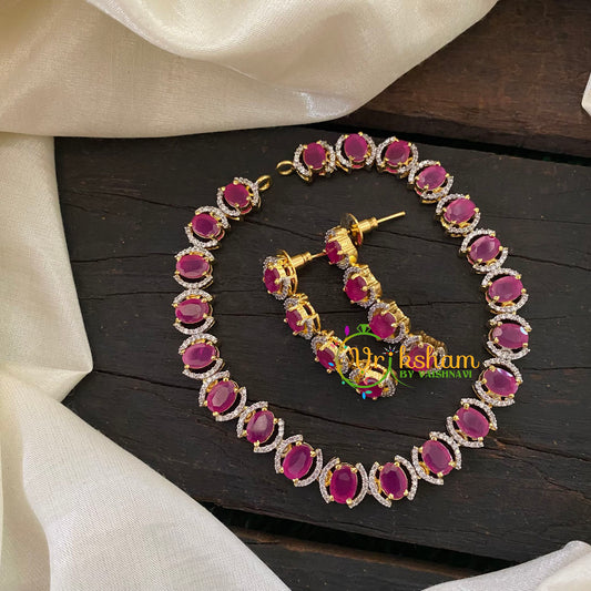 Gold Tone American Diamond Choker Short Neckpiece-Pink-G7016