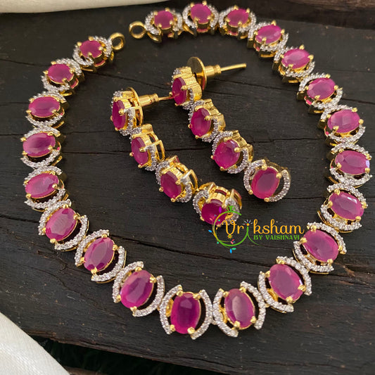 Gold Tone American Diamond Choker Short Neckpiece-Pink-G7016