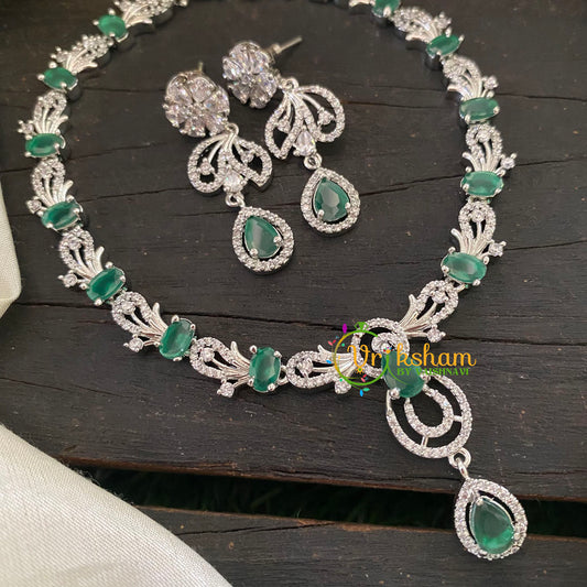 White Tone American Diamond Choker Short Neckpiece-Green-G7039