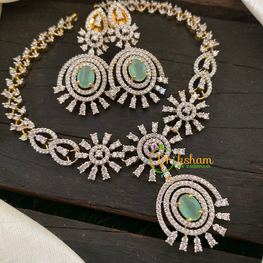 Gold Tone American Diamond Choker Short Neckpiece-Pastel Green-G7010