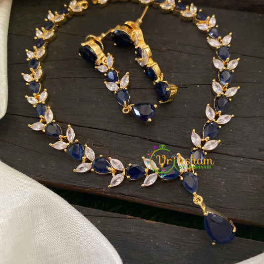 Gold Tone American Diamond Choker Short Neckpiece-Blue-G7045