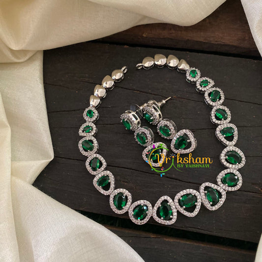 White Tone American Diamond Choker Short Neckpiece-Green-G7060