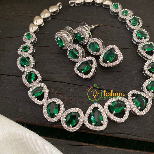 White Tone American Diamond Choker Short Neckpiece-Green-G7060