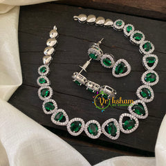 White Tone American Diamond Choker Short Neckpiece-Green-G7060