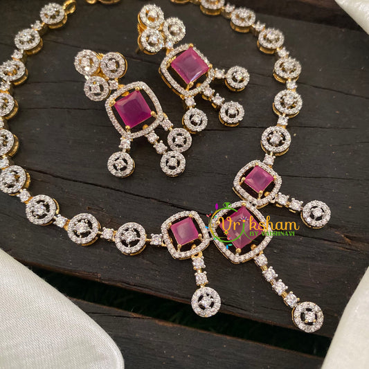 Gold Tone American Diamond Choker Short Neckpiece-Pink-G7020