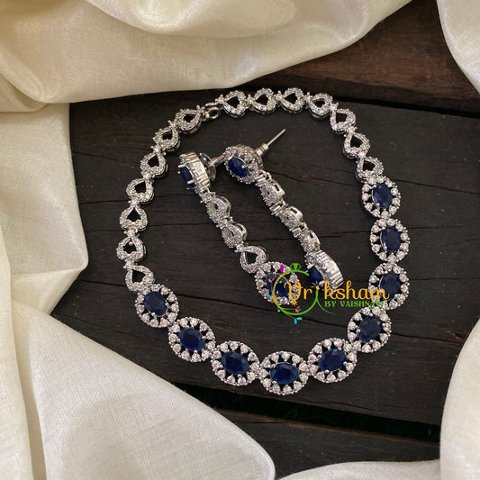 White Tone American Diamond Choker Short Neckpiece-Dark Blue-G7000