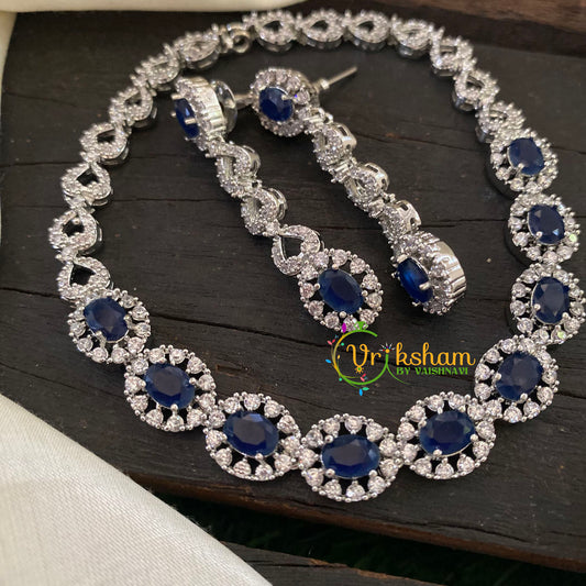 White Tone American Diamond Choker Short Neckpiece-Dark Blue-G7000