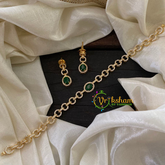 Gold Tone American Diamond Choker Short Neckpiece-Green-G7008