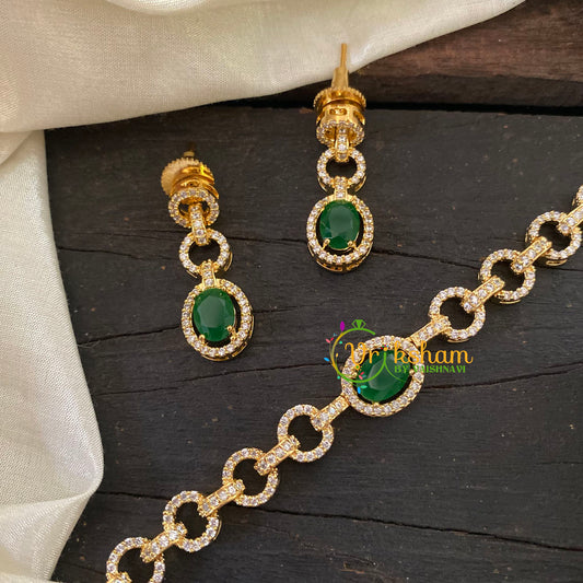 Gold Tone American Diamond Choker Short Neckpiece-Green-G7008