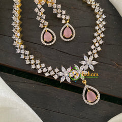 Gold Tone American Diamond Choker Short Neckpiece-Pink-G7022