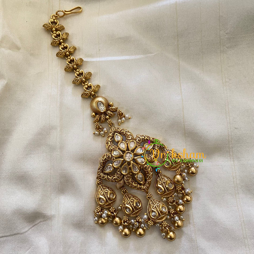 Premium AD Stone Maang Tikka -Gold Pearl-G7138