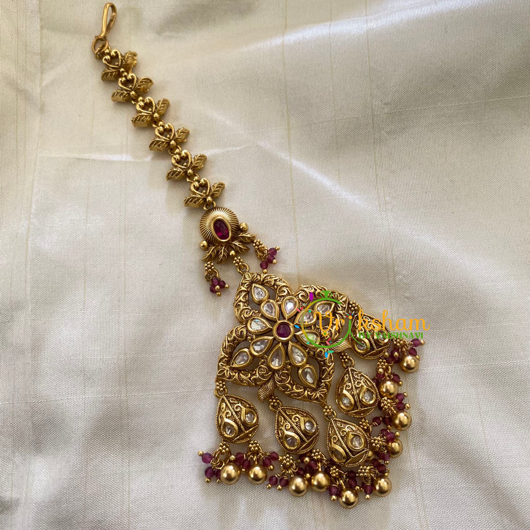 Premium AD Stone Maang Tikka -Red and Gold Bead -G7136