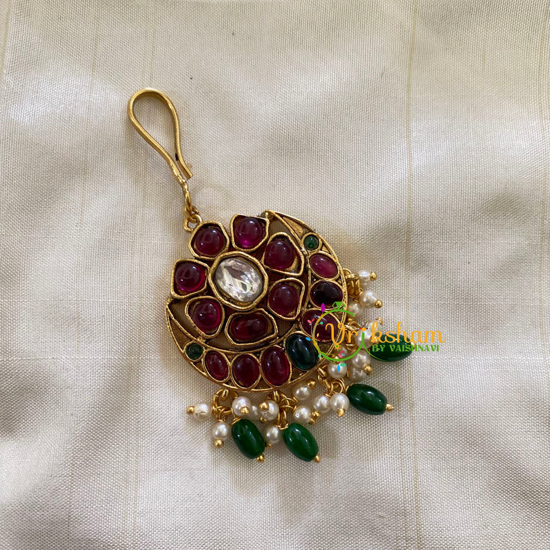 Elegant AD stone Maang Tikka - Short Tikka -Green Bead Pearl-G7121