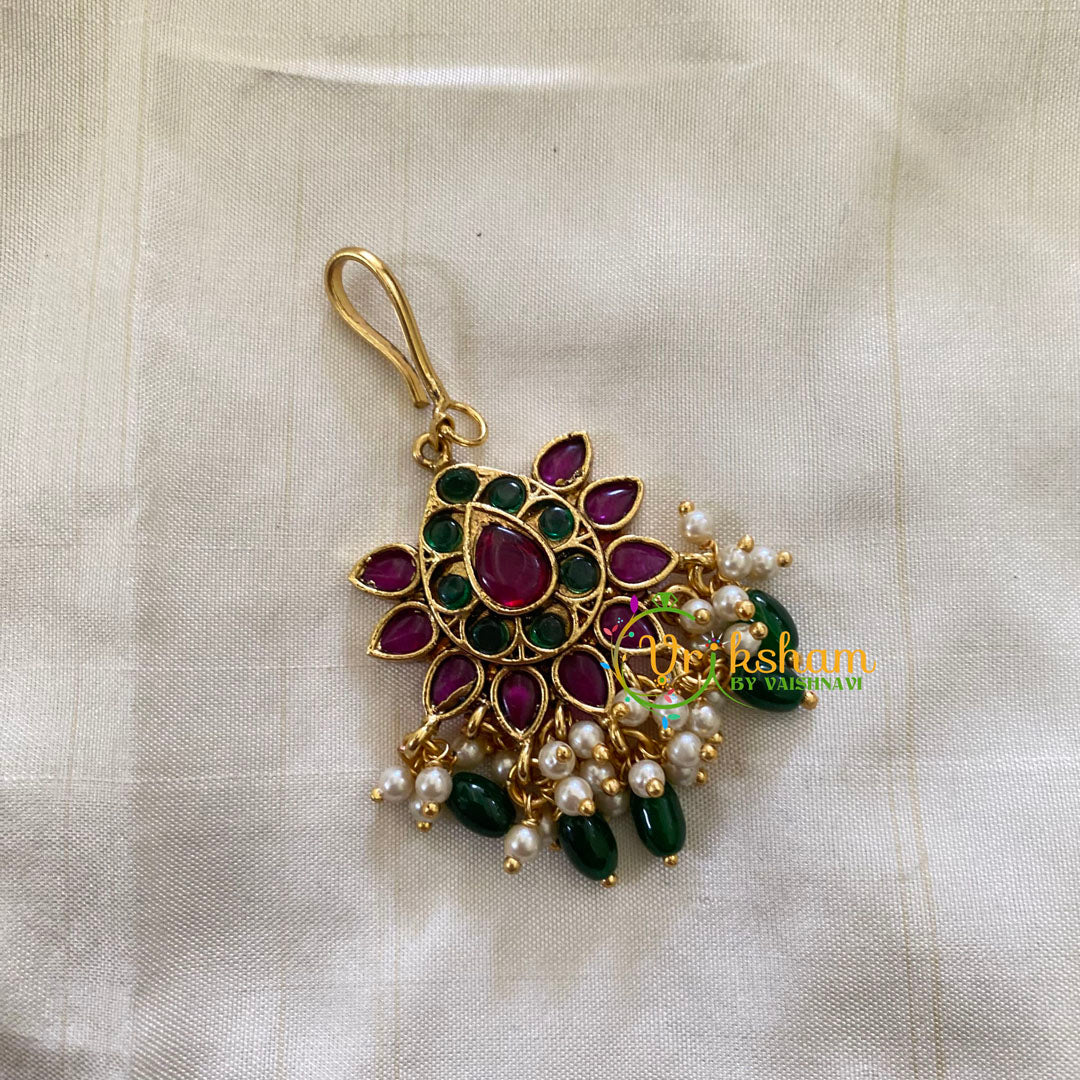 Elegant AD stone Maang Tikka - Short Tikka -Green Bead Pearl-G7119