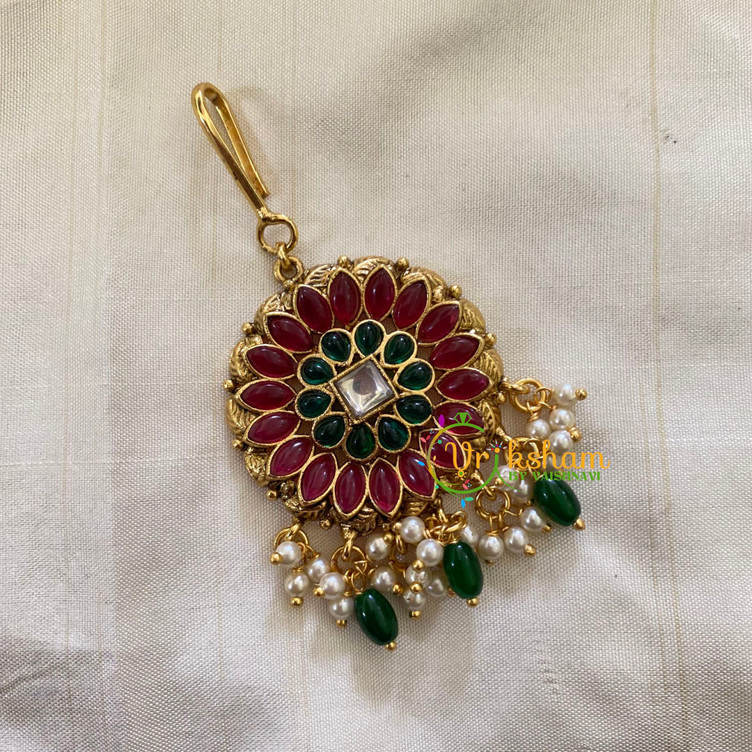 Elegant AD stone Maang Tikka - Short Tikka -Green Bead Pearl-G7103
