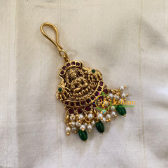 Elegant AD Stone Lakshmi Maang Tikka - Short Tikka- Green Bead Pearl -G7077