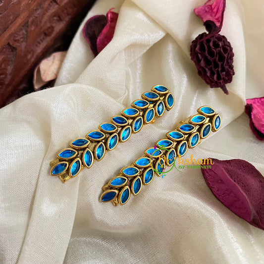 Kundan Hair Clip-Glossy Blue Leaf-H180