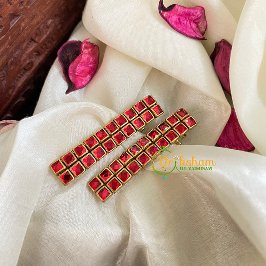 Kundan Hair Clip-Dark red-Square-H193