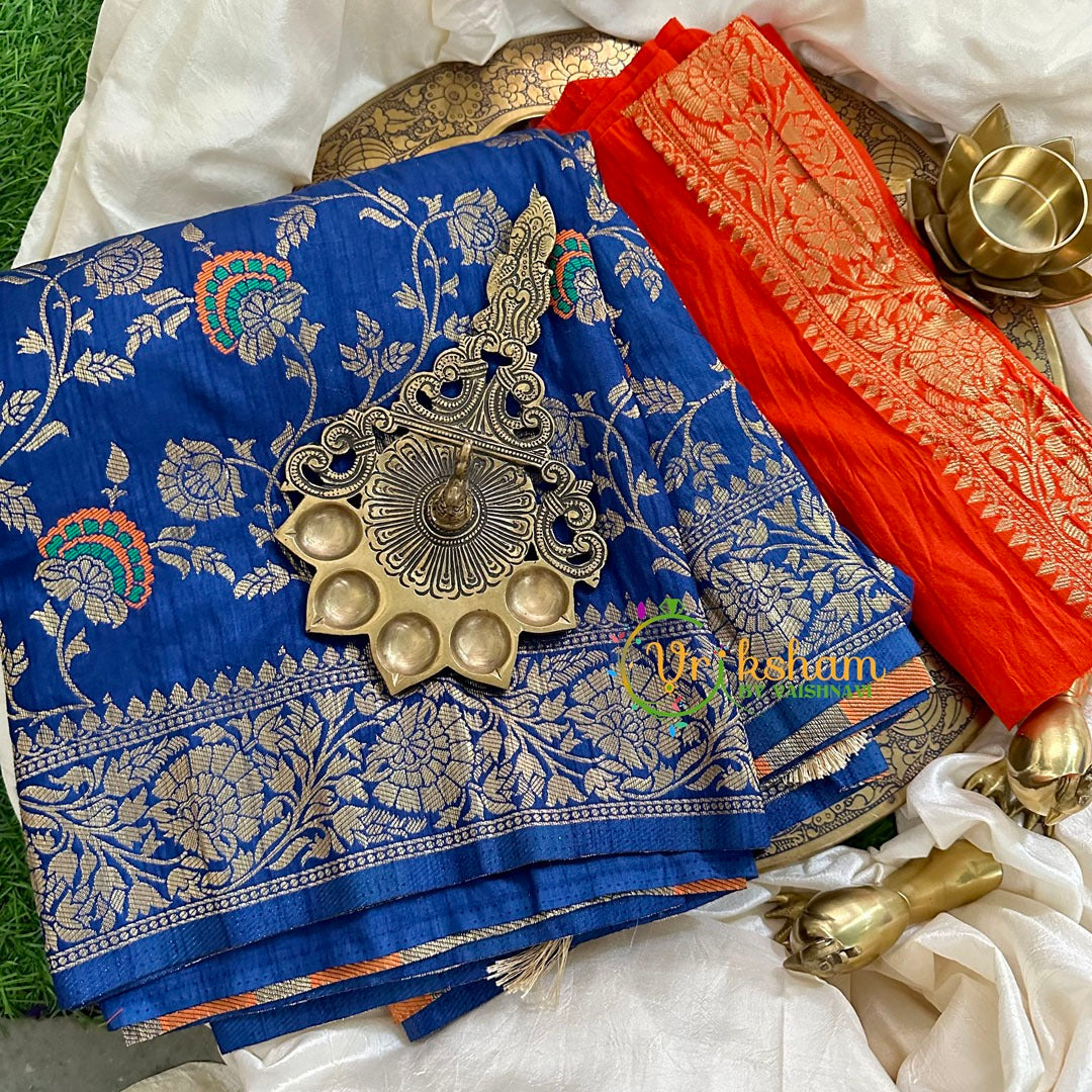 Ink Blue Semi Benarasi Saree -VS1655