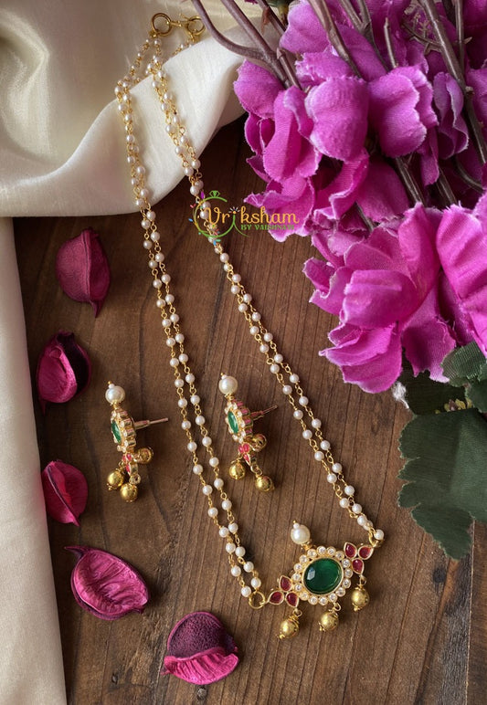 Designer White Bead Chain -Green Pendant Malai -G2107