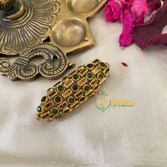 Silk Thread Kundan Saree Pin -Green Gold- Line and Dot -G9406
