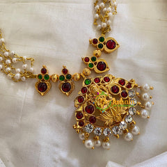 Traditional Kemp Lakshmi Pendant Pearl Neckpiece-Red Green-G7195