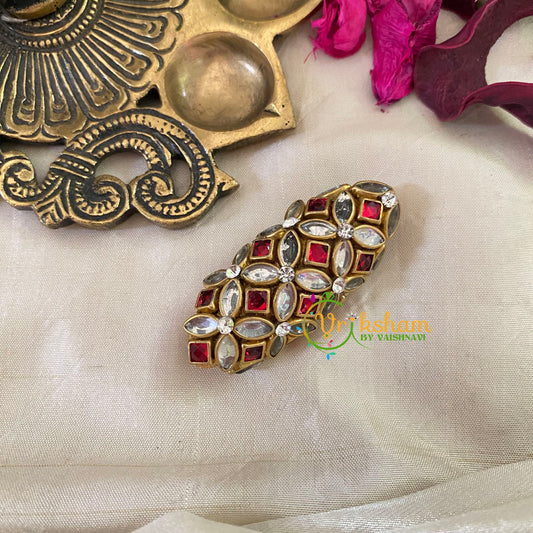 Silk Thread Kundan Saree Pin -Red White -Floral-G9350