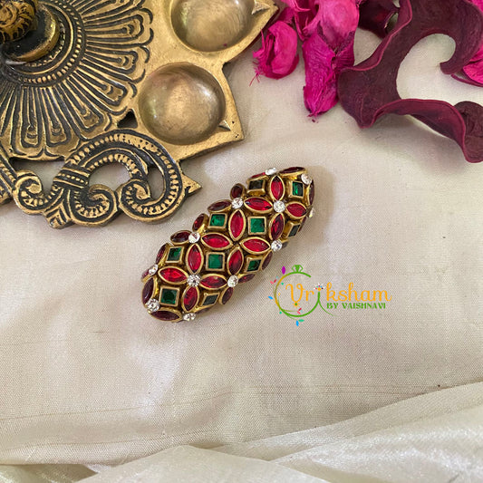 Silk Thread Kundan Saree Pin -Red Green-Floral-G9353