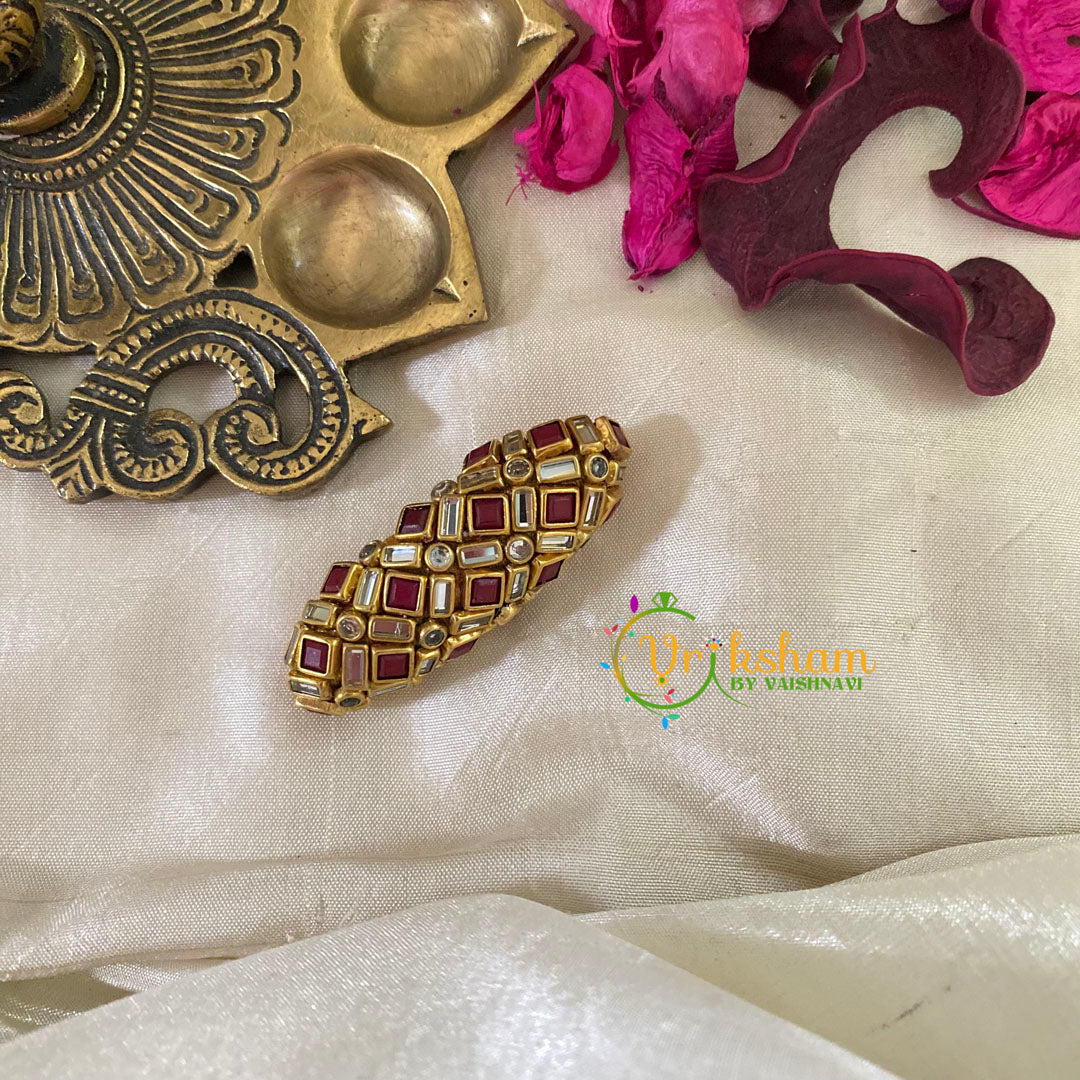 Silk Thread Kundan Saree Pin -Maroon Matt white-G9383