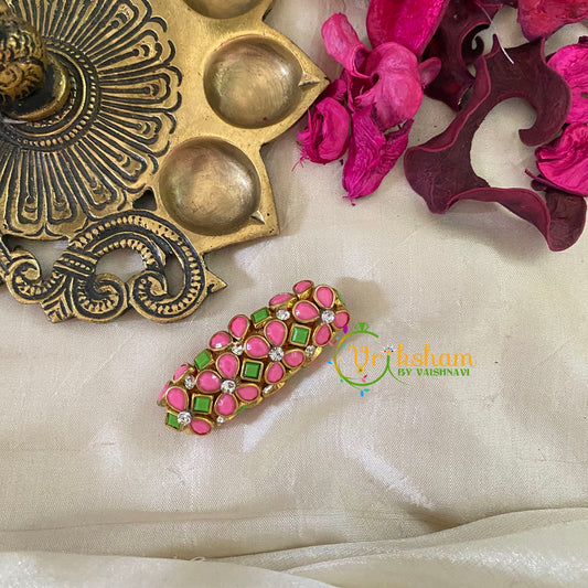 Silk Thread Kundan Saree Pin -Matt Pink and Green-Floral-G9434