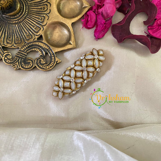 Silk Thread Kundan Saree Pin -White Matt Floral-G9423