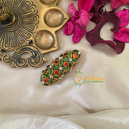 Silk Thread Kundan Saree Pin -Green Orange-G9422