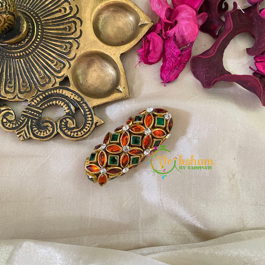 Silk Thread Kundan Saree Pin -Orange Green-G9399