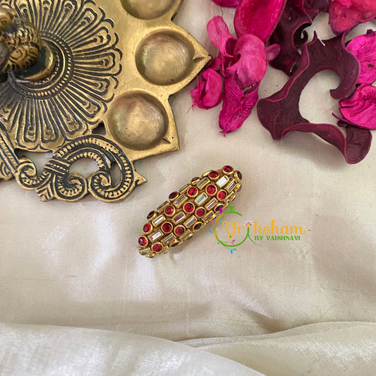 Silk Thread Kundan Saree Pin -Red White lInes Dots-G9398