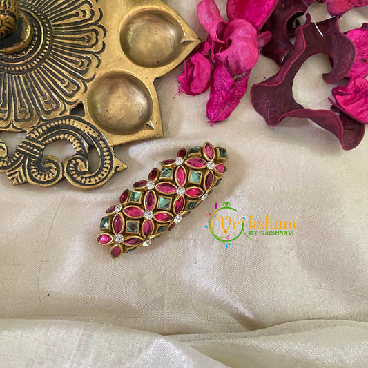 Silk Thread Kundan Saree Pin -Pink Green-G9389
