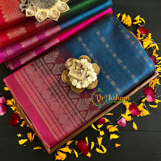 Peacock Blue with Pink Vairaoosi Silk Cotton Saree-Patterned-VS74