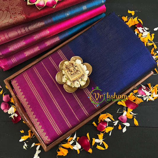 Dark Blue Vairaoosi Silk Cotton Saree-Plain-VS67