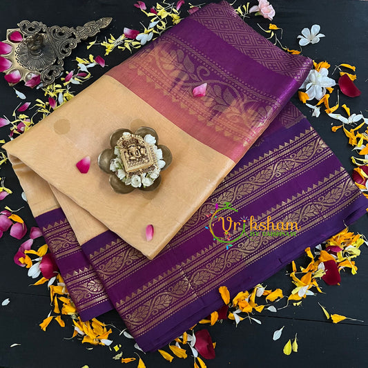 Beige with Violet Korvai Handloom Silk Cotton Saree-VS57