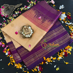 Beige with Violet Korvai Handloom Silk Cotton Saree-VS57