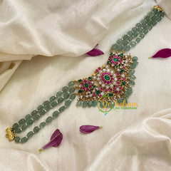 Jadau Kundan Green Bead High Neck Choker -J991