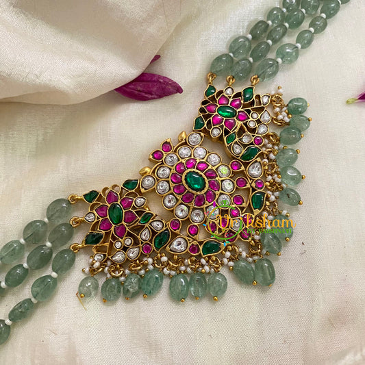 Jadau Kundan Green Bead High Neck Choker -J991