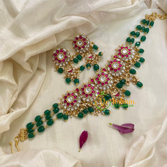 Green Bead Layered Precious Jadau Kundan Choker-Pink White -J942