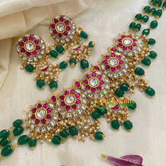 Green Bead Layered Precious Jadau Kundan Choker-Pink White -J942