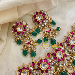 Green Bead Layered Precious Jadau Kundan Choker-Pink White -J942