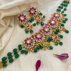 Green Bead Layered Precious Jadau Kundan Choker-Pink White -J942