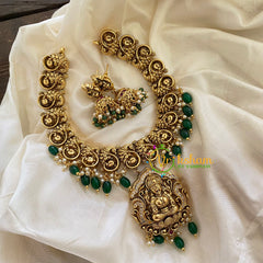 Gold Look Alike Lakshmi Pendant Short Neckpiece-Green Bead-G7240